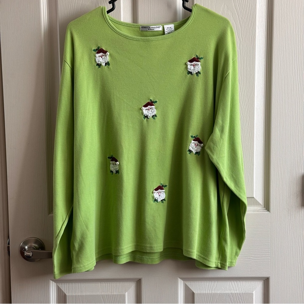 Rebecca Malone Green Christmas Santa Sequin Embroidered Sweater Women’s Size 1X